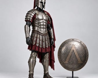 Spartaanse hoplietenpantser, zilveren krijgerspak met rode cape, handgemaakte gevechtsklare replica.
