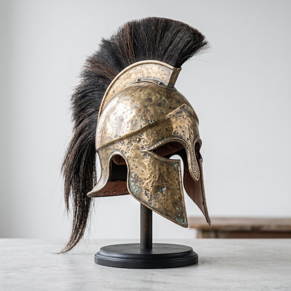 Ancient Greek Spartan Warrior Helmet, Corinthian Steel Replica with Horsehair Crest, Renaissance Faire Costume