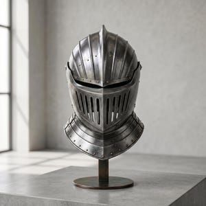 May include: A detailed, antique-style knight's helmet made of silver metal, displayed on a bronze stand. The helmet features a visor with vertical slits and a neck guard. The design suggests historical armor.