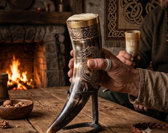 Viking-drinkhoorn Jormungandr gegraveerd | Handgemaakte mok van runderhoorn | Noorse medehoornbeker | Vikingkroes | Middeleeuws cadeau voor mannen