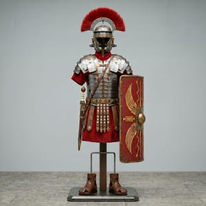 Może przedstawiać: Szczegółowa replika zbroi rzymskiego legionisty, w tym hełm z czerwonym grzebieniem, metalowy napierśnik, czerwona tunika i tarcza ze złotym emblematem. Ekspozycja obejmuje również miecz, pas i brązowe skórzane sandały.