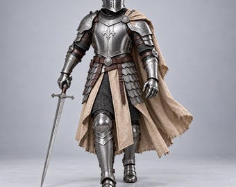 Woestijnridderpantser, zilveren middeleeuws plaatpantser met beige mantel, handgemaakte gevechtsklare replica.