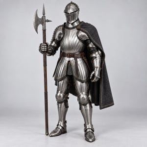 May include: A full suit of polished silver steel plate armor featuring a fluted design, a closed helmet, and a brown leather belt. The armor is paired with a dark grey wool cloak and is held in a standing position while gripping a long poleaxe.