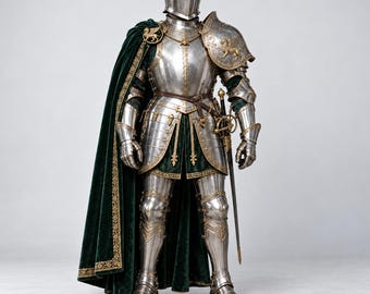 Sierlijk groen ridderharnas, koninklijk harnas van zilver en goud, handgemaakt, gevechtsklaar replica-pak.