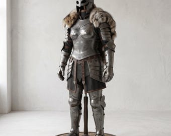Viking-krijgersharnas voor dames met gehoornde helm – handgemaakt middeleeuws noords vrouwelijk ridderharnas – staal Fantasy-cosplaykostuum