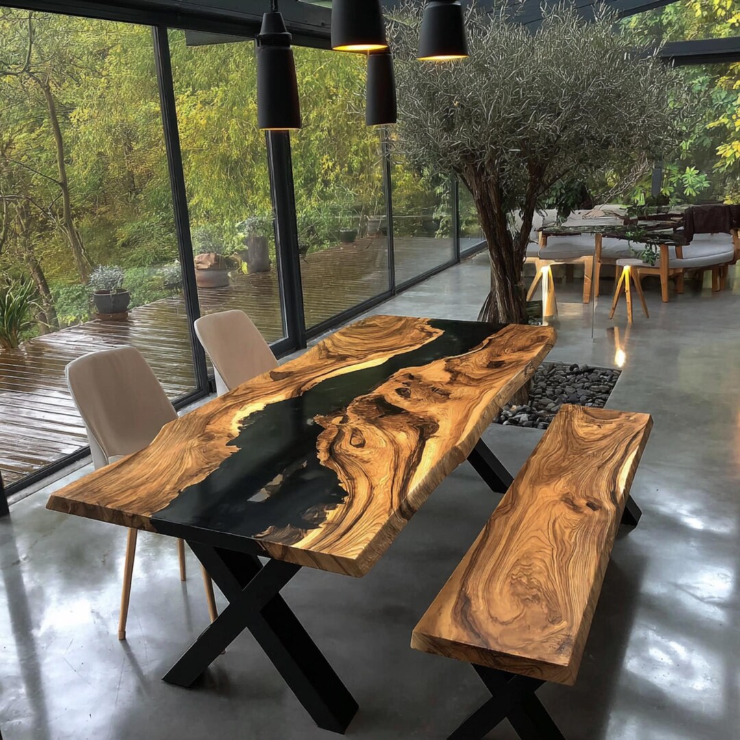 Handmade Walnut Live Edge Epoxy Dining Table – Rustic Farmhouse Kitchen ...