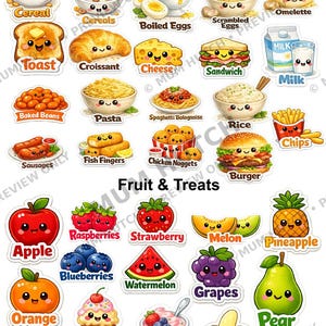 May include: A collection of cartoon food stickers labeled Breakfast, Lunch & Snacks and Fruit & Treats. The set includes illustrations of cereal, eggs, toast, croissant, cheese, sandwich, milk, beans, pasta, spaghetti, rice, sausages, fish fingers, nuggets, burger, chips, apple, berries, melon, pineapple, orange, watermelon, grapes, pear, kiwi, ice cream, yogurt, and banana.