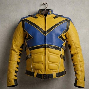 May include: Yellow and blue leather jacket with black accents. The jacket features a blue X-shaped design on the chest, padded sections, and multiple buckles. The jacket is hanging on a hanger against a gray background.