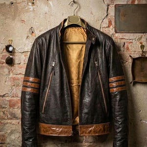 Braune Vintage-Bikerjacke aus Leder für Herren | Gestreifte Retro-Cafe-Racer-Lederjacke im Café-Stil | Wolverine-inspiriertes Cosplay-Kostüm – das perfekte Geschenk für ihn
