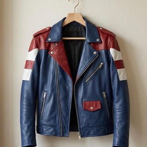 May include: A blue leather motorcycle jacket featuring red panels on the shoulders and lapels, with white horizontal stripes on the sleeves. The jacket includes silver-toned metal zippers, snap buttons, and a small flap pocket on the front.