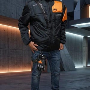 May include: Black hooded jacket with orange shoulder accents and multiple pockets. The jacket has a zipper closure and a small logo on the chest. The person is wearing blue jeans and black and gray sneakers. A glove is attached to the jacket.