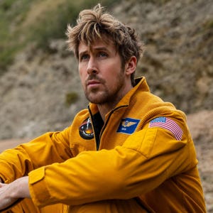 May include: A mustard yellow long-sleeve jacket with a ribbed texture on the shoulders. The jacket features a circular NASA Project patch on the right chest, a rectangular blue NASA patch on the left chest, and a United States flag on the left sleeve.