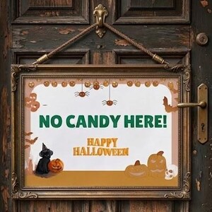 May include: A rectangular framed sign hanging on a dark wooden door with the text NO CANDY HERE! and HAPPY HALLOWEEN in orange and green. The sign features illustrations of a black cat, pumpkins, spiders, and a skull on a light background.