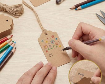 100pcs Gift Tags with String Attached, 1.7 x 2.8 inch Kraft Paper Hang Tags for Clothes DIY Crafts Wedding Holiday (Brown)