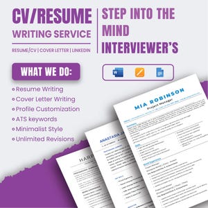 May include: An advertisement for a CV/Resume Writing Service. The image features the text "CV/RESUME WRITING SERVICE" in purple, along with a list of services offered. Several sample resumes are visible in the background, with the name "MIA ROBINSON" prominently displayed.