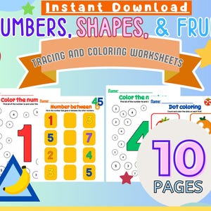 Mathe-Arbeitsblätter für die Vorschule | Zahlen Formen Früchte | Kindergarten Mathe Lernen Printables | Pre-K Grundschule | Kindergarten Arbeitsheft