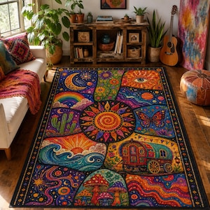 May include: A rectangular area rug featuring a vibrant, multi-colored celestial and nature-themed print. The design includes a central sun, a crescent moon, a butterfly, a cactus, ocean waves, a caravan, and mushrooms, all set against a dark background.