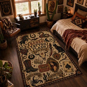Rodeo Tattoo Flash Washable Area Rug, Western Gothic Living Room Decor