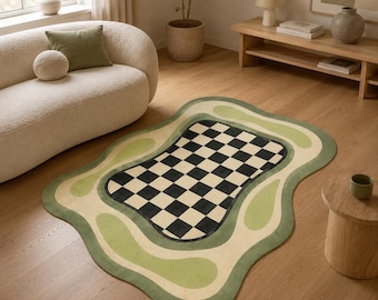 Irregular Checkered Area Rug with Green Wavy Artwork for Cozy Living Room Decor