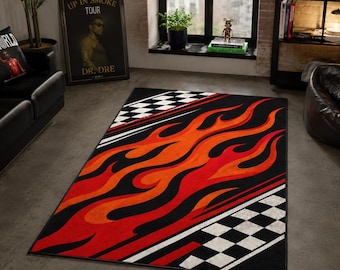 Checkerboard Racing Flame Area Rug for Streetwear Gaming Dorm Room Decor