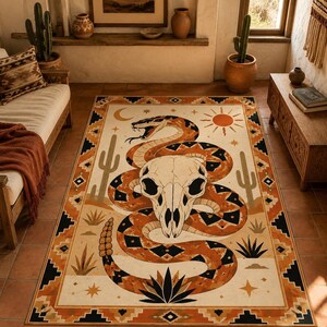 Snake Skull Low-Pile Area Rug, Boho Floor Decor