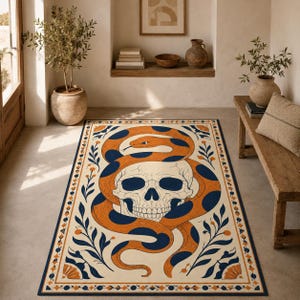 Wasbaar vloerkleed met slangenschedelmotief, boho slaapkamerdecoratie