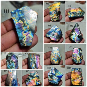Natürlicher Labradorit-Rohstein, blau, violett, grün, mehrfarbig, frontseitig poliert, für Schmuck