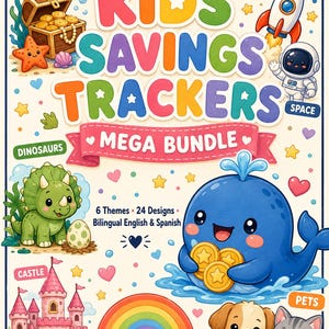 Puede incluir: Un gráfico digital titulado Cute Learning Club Kids Savings Trackers Mega Bundle. Presenta ilustraciones coloridas de un cofre del tesoro, un cohete, un astronauta, un dinosaurio, una ballena, un castillo, un arcoíris, un perro y un gato, con texto sobre 6 temas.