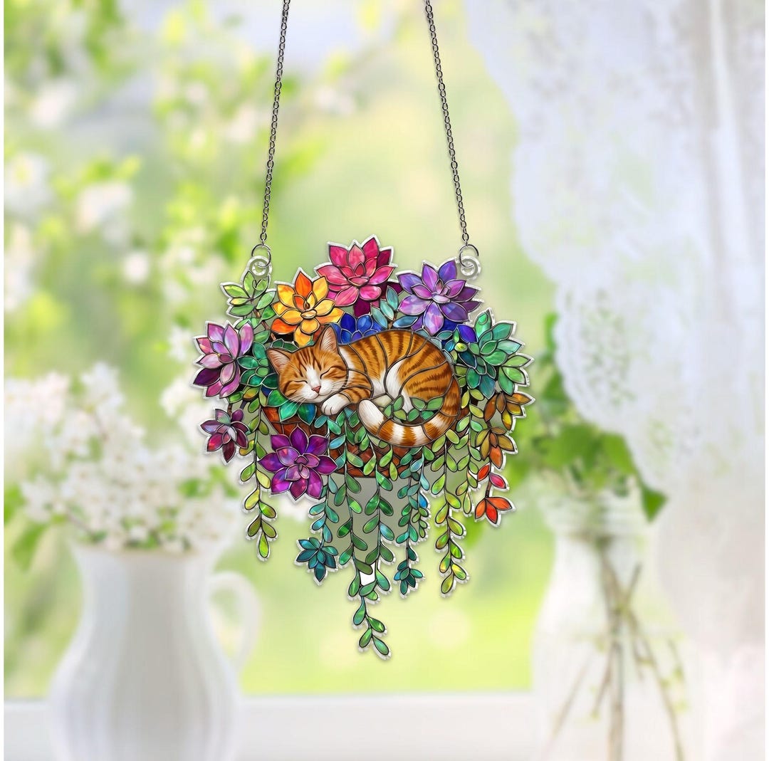 Sleeping Tabby Cat Suncatcher, Stained Glass Succulent Window Hanging ...