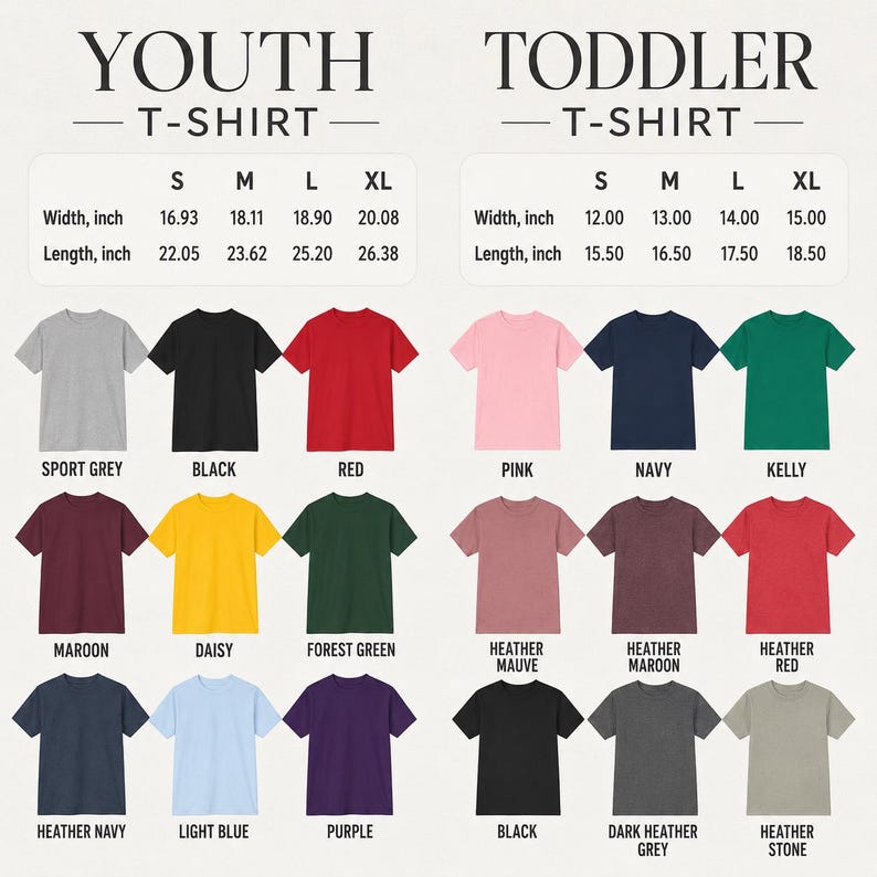 Pu&ograve; includere: Immagine di t-shirt per bambini e ragazzi in vari colori, tra cui grigio sport, nero, rosso, rosa, blu navy e verde kelly. L'immagine include tabelle delle taglie con misure in pollici, con una larghezza che varia da 16,93 a 20,08 pollici.