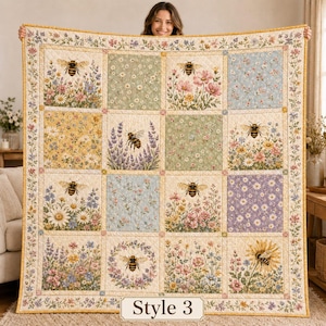 Blommigt täcke med bi, Cottagecore-pläd, sängkläder med vildblommor, vårträdgårdsfilt, mysig bondgårdsdekoration