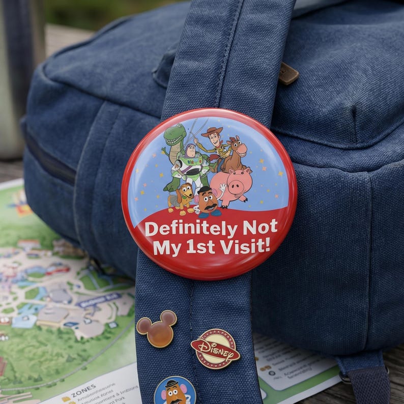 May include: A round button featuring Toy Story characters including Woody, Buzz Lightyear, Rex, Slinky Dog, Mr. Potato Head, Bullseye, and Hamm. The button has a red bottom section with the white text "Definitely Not My 1st Visit!" printed on it.