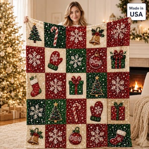 Jullapptäcke, mysig julfilt med Minky-motiv eller sherpa-motiv, rödgrön juldekoration i lantlig stil