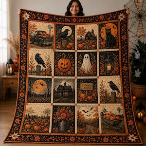 May include: A rectangular quilt featuring a grid of twelve panels with Halloween imagery including a black cat, a ghost, a jack-o'-lantern, crows, a pumpkin patch, and a house. The border is black with orange flowers and star corner accents.