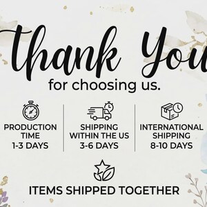 May include: A white card with watercolor-style blue and purple floral accents and gold flecks. The text reads Thank You for choosing us. Icons include a clock, a delivery truck, a package, and a star with a leaf. The text Items Shipped Together appears.