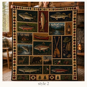 May include: A rectangular quilt featuring a patchwork design of outdoor scenes, including various fish species, a red canoe, a mountain landscape, a log cabin, a bear, a deer, and fishing gear like paddles, a hat, and a vest, all framed by a diamond border.