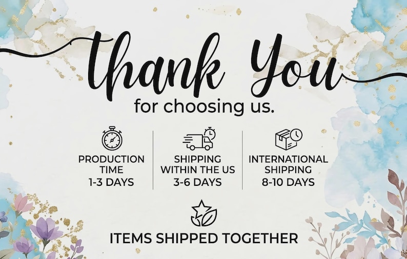 K&ouml;nnte beinhalten: Eine wei&szlig;e Karte mit blauen und violetten floralen Aquarell-Akzenten und goldenen Sprenkeln. Der Text lautet Thank You for choosing us. Symbole zeigen eine Uhr, einen Lieferwagen, ein Paket und einen Stern mit Blatt. Der Text Items Shipped Together erscheint.