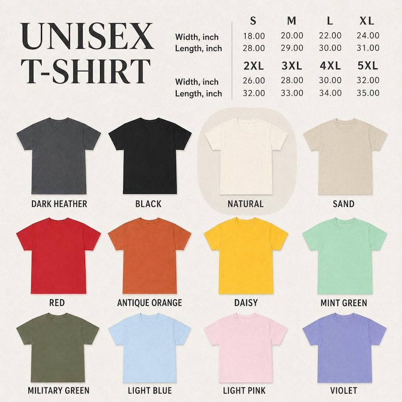 Pu&ograve; includere: Una selezione di t-shirt unisex in vari colori, tra cui grigio scuro, nero, rosso e giallo. L'immagine mostra le opzioni di taglia dalla S alla 5XL, con misure di larghezza e lunghezza in pollici. Il testo "UNISEX T-SHIRT" &egrave; in alto.