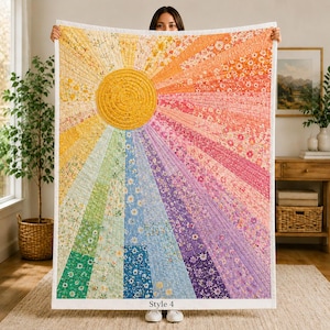 Manta acolchada Sunshine Flower, manta floral colorida, ropa de cama bohemia arcoíris, regalo de decoración para habitación estilo cottagecore brillante