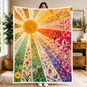 Coperta trapuntata Sunshine Flower, plaid floreale colorato, biancheria da letto boho arcobaleno, regalo perfetto per decorare la camera in stile cottagecore.