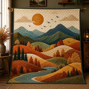 May include: A quilted wall hanging featuring a landscape scene with rolling hills in shades of orange, gold, and green. The design includes a large orange sun, a winding blue river, evergreen trees, and a flock of birds flying across a cream sky.