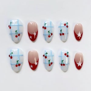 Cute cherry nails/press on nails short almond nails/Kawaii Summer Nails/Light blue checkered nails/Star Nails/Birthday nails/Custom nails