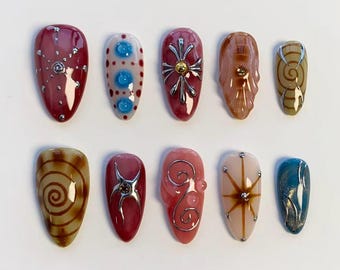 3D cross nails/press on nails long almond nails/Y2K Nails/Brown swirl nails/Gel droplet nails/Sliver Star Nails/Birthday nails/Custom nails