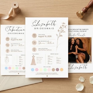 Può includere: Tre cartoncini informativi rettangolari per matrimonio con testo nero e icone dai toni tenui. Le carte riportano i dettagli per un matrimonio il 18 agosto 2026 a Santa Barbara, California, incluse palette di colori e una foto di due persone.