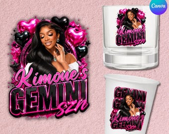 Plantilla de vaso de chupito de la temporada de Géminis, foto personalizada de Géminis, signos del zodiaco, pegatina para recuerdo de fiesta de cumpleaños, vaso de cumpleaños de la temporada de Géminis, Canva DIY