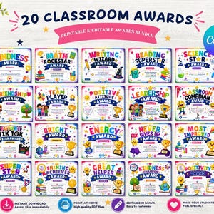 May include: A collection of 20 colourful printable and editable classroom award certificates featuring various themes like Kindness, Math Rockstar, Writing Wizard, and Science Star, all displayed in a grid layout with a Canva logo in the corner.
