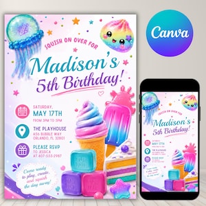 Miękkie sensoryczne zaproszenie urodzinowe, neonowe kolorowe edytowalne zaproszenie na imprezę Canva, jasne tęczowe urodziny ze szlamem, cyfrowe, edytowalne w Canva