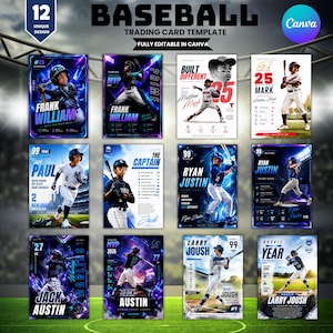 Puede incluir: Una colección digital de 12 plantillas de tarjetas coleccionables de béisbol con varios atletas en uniforme, poses de acción y estadísticas. Los diseños incluyen tipografía llamativa, nombres de jugadores y el texto Fully Editable in Canva.