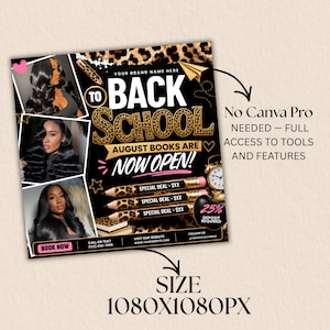 back to school flyer, August booking flyer, back to school booking flyer, hair flyer template, braids flyer, lash booking flyer, wig install flyer, nail salon flyer, beauty salon promotion, editable Canva flyer, hairstylist marketing template, braid special flyer, student discount flyer, beauty business advertisement, salon booking template, social media beauty flyer, DIY Canva template, instant download, digital download.