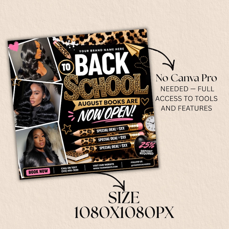 back to school flyer, August booking flyer, back to school booking flyer, hair flyer template, braids flyer, lash booking flyer, wig install flyer, nail salon flyer, beauty salon promotion, editable Canva flyer, hairstylist marketing template, braid special flyer, student discount flyer, beauty business advertisement, salon booking template, social media beauty flyer, DIY Canva template, instant download, digital download.